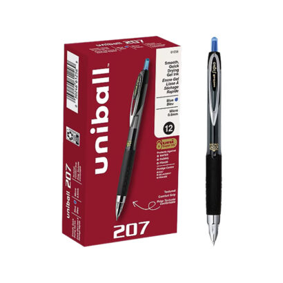 uni-ball 207 Retractable Gel Pens, Micro Point, 0.5mm, Blue Ink, Dozen