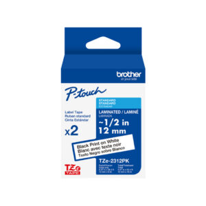 Brother P-touch TZe-231 Laminated Label Maker Tape, 1/2 x 26-2/10′, Black on White, 2/Pack