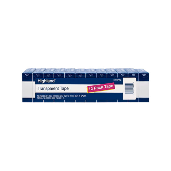 Highland Transparent Clear Tape, 0.75 x 27.77 yds., 1 Core, Transparent, 12 Rolls/Pack