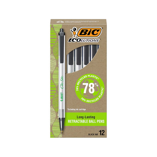 BIC Ecolutions Clic Stic Retractable Ballpoint Pens, Medium Point, Black Ink, Dozen