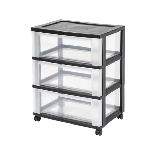 Iris 3-Drawer Durable Storage Cart, Plastic, Black/Clear