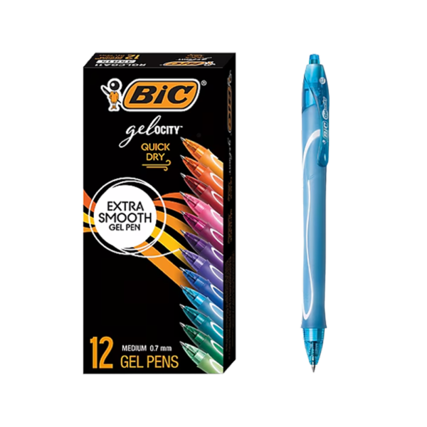BIC Gel-ocity Quick Dry Retractable Gel Pens, Medium Point, 0.7 mm, Blue Ink, Dozen