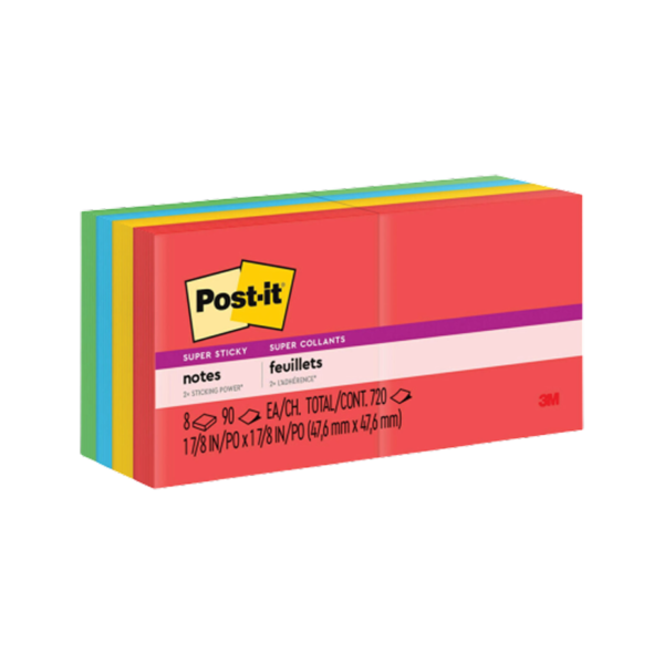 Post-it Super Sticky Notes, 2 x 2, Playful Primaries Collection, 90 Sheet/Pad, 8 Pads/Pack