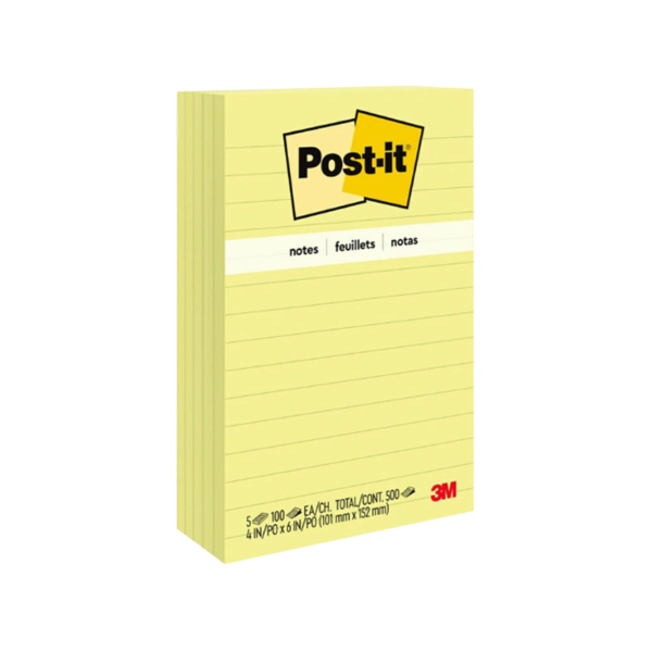 Post-it Notes, 4 x 6, Canary Collection, Lined, 100 Sheet/Pad, 5 Pads/Pack