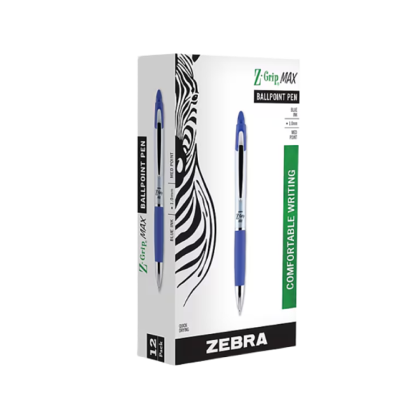 Zebra Z-Grip Max Retractable Ballpoint Pen, Medium Point, 1.0mm, Blue Ink, Dozen