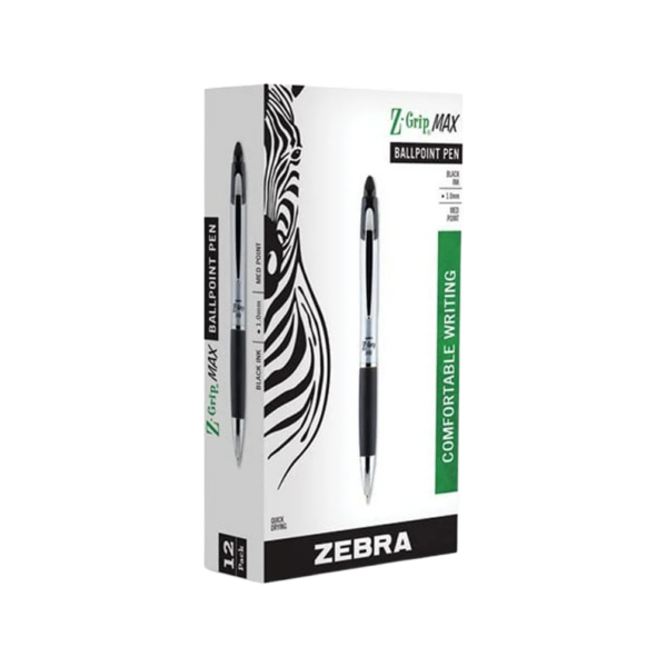 Zebra Z-Grip Max Retractable Ballpoint Pen, Medium Point, 1.0mm, Black Ink, Dozen