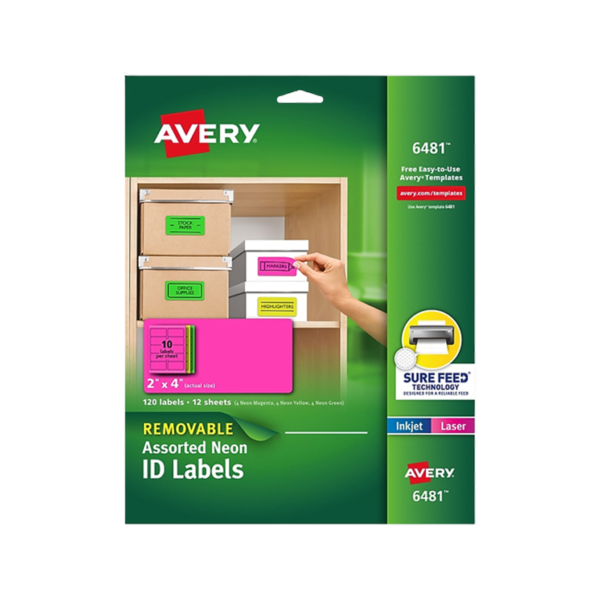 Avery Sure Feed Laser/Inkjet ID Labels, 2 x 4, Assorted Neon, 120 Labels/Pack
