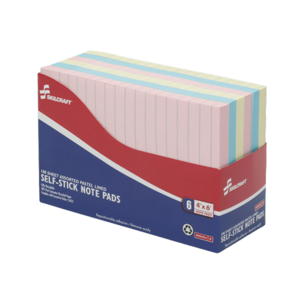 AbilityOne Self-Stick Note Pads, 4 x 6, Ruled, Assorted Colors, 6/Pack