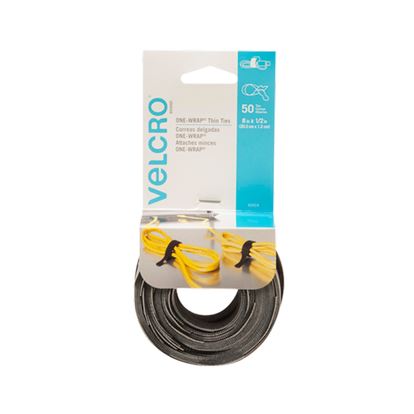 Velcro ONE-WRAP Cable Ties, 1/2 x 8, Reusable Hook & Loop Fastener, Black, 50/Pack