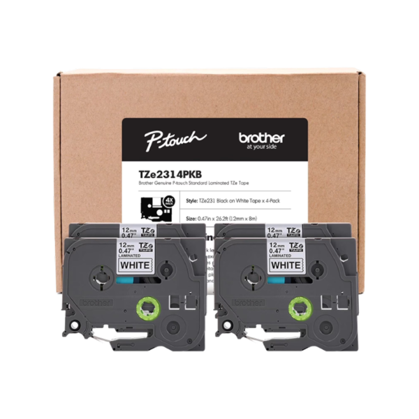 Brother P-touch TZe-231 Laminated Label Maker Tape, 1/2 x 26-2/10′, Black on White, 4/Pack