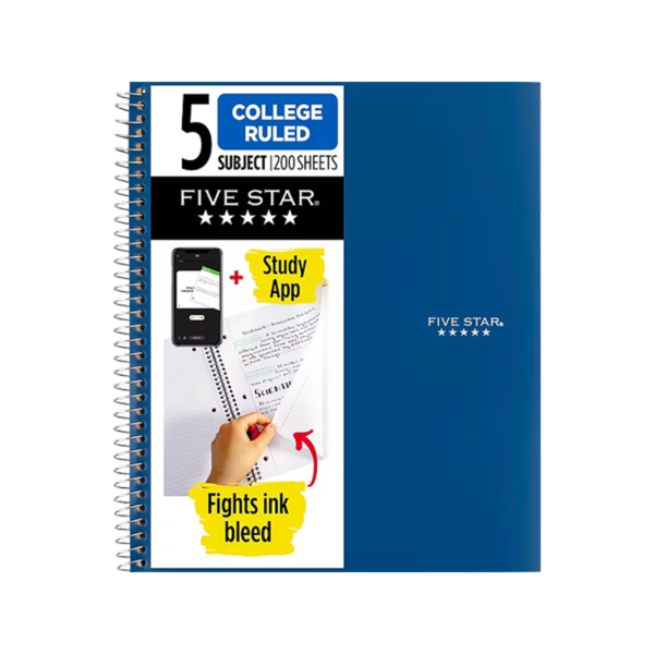 Five Star Advance 5-Subject Subject Notebooks, 8.5 x 11, College Ruled, 200 Sheets, Color chosen at random