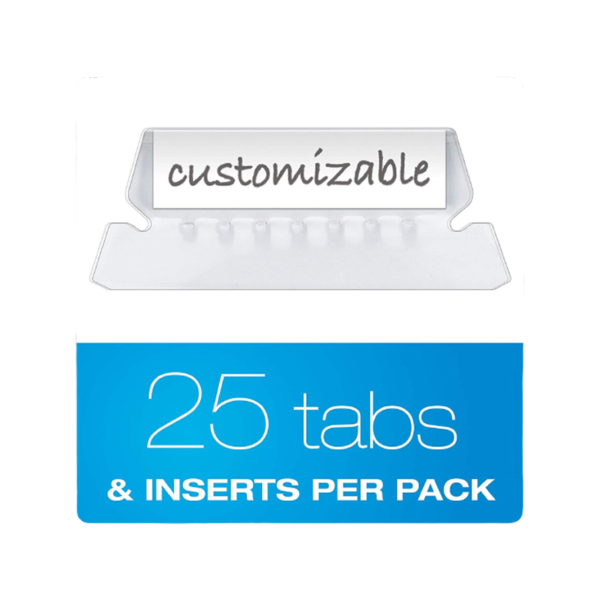 AbilityOne Hanging File Folder Tabs, Plastic, Clear With White Inserts, 2H, 25/Pk