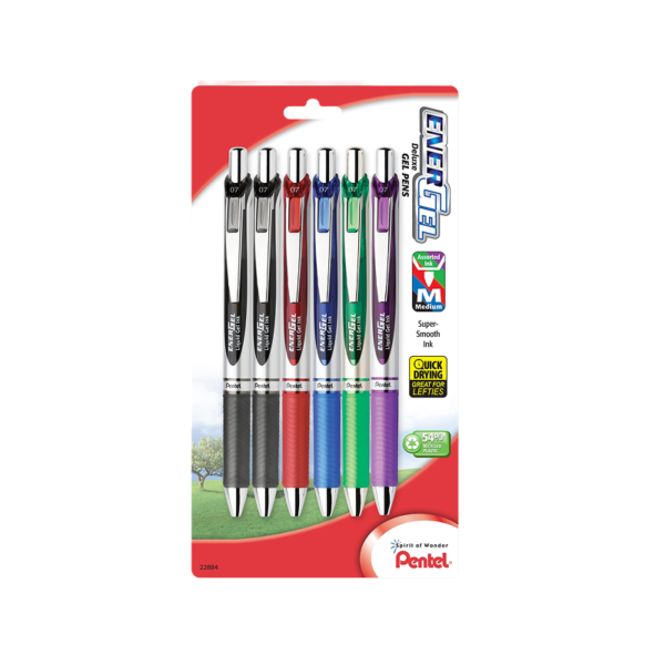 Pentel EnerGel RTX Retractable Gel Pens, Medium Point, Assorted Ink, 6/Pack