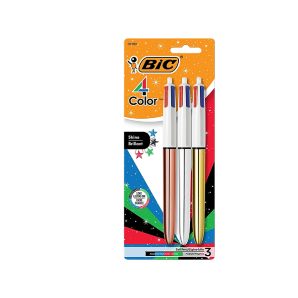 BIC 4-Color Retractable Ballpoint Pens, Medium Point, 1.4mm, Assorted Ink, 3/Pack