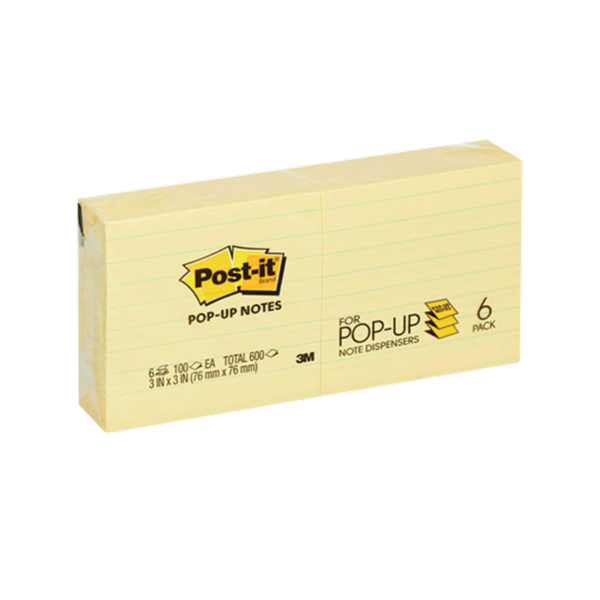 Post-it Pop-up Notes, 3 x 3, Canary Collection, Lined, 100 Sheet/Pad, 6 Pads/Pack