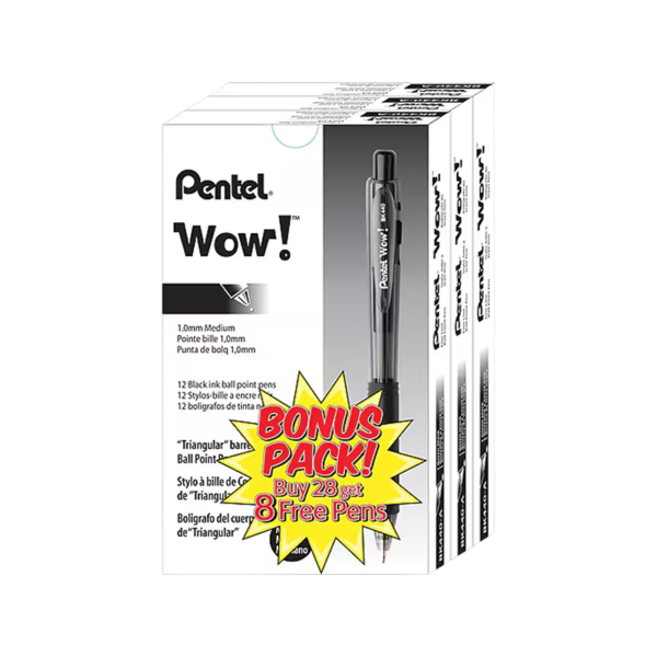 Pentel WOW Retractable Ballpoint Pens Bonus Pack, Medium Point, Black Ink, 36/Pack