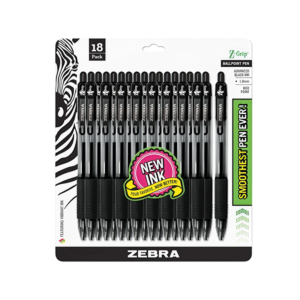 Zebra Z-Grip Retractable Ballpoint Pen, Medium Point, 1.0mm, Black Ink, 18 Pack
