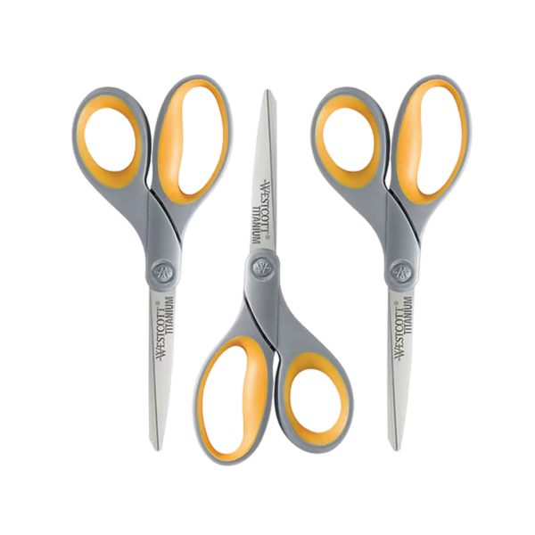 Westcott Titanium Bonded 8 Titanium Multi-Purpose/Heavy Duty Scissor, Pointed Tip, Gray/Yellow, 3/Pack