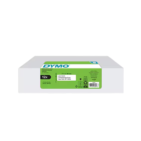 DYMO LabelWriter 2050768 Mailing Address Labels, 3-1/2 x 1-1/8, Black on White, 350 Labels/Roll, 12 Rolls/Box
