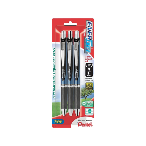 Pentel EnerGel Deluxe RTX Retractable Gel Pens, Medium Point, 0.7mm, Black Ink, 3/Pack
