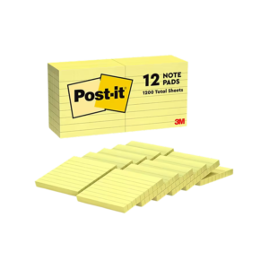 Post-it Notes, 3 x 3, Canary Collection, Lined, 100 Sheet/Pad, 12 Pads/Pack