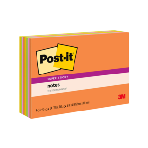 Post-it Super Sticky Notes, 4 x 4, Energy Boost Collection, Lined, 90 Sheet/Pad, 6 Pads/Pack