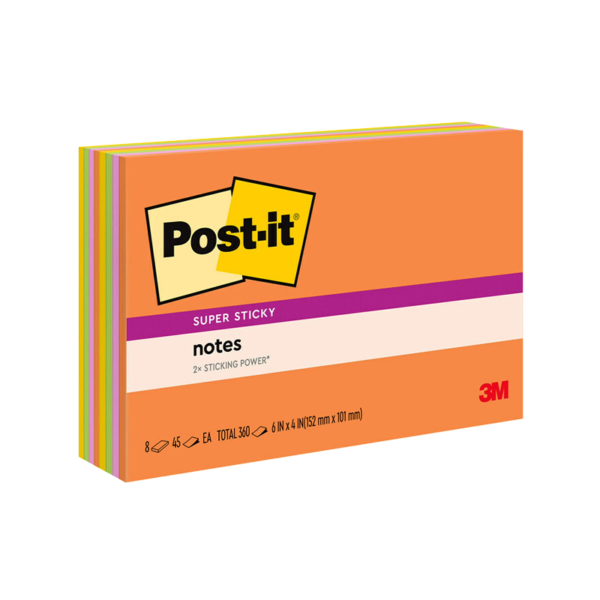 Post-it Super Sticky Notes, 4 x 4, Energy Boost Collection, Lined, 90 Sheet/Pad, 6 Pads/Pack
