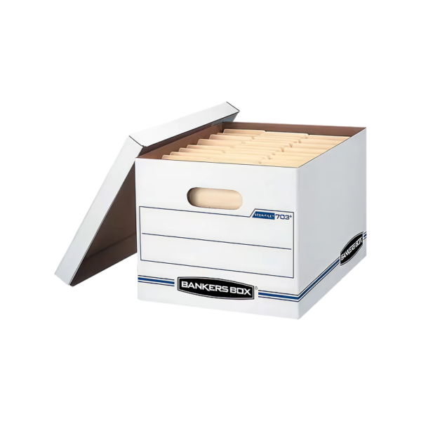 Bankers Box Stor/File 59% Recycled Corrugated File Box Lift Off Lid, Letter/Legal Size, White/Blue, 12/Carton