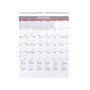 2026 Staples 12 x 27 Three-Month Wall Calendar, White/Red/Gray