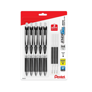Pentel EnerGel RTX Retractable Gel Pens, Medium Point, 0.7mm, Black Ink, 5/Pack