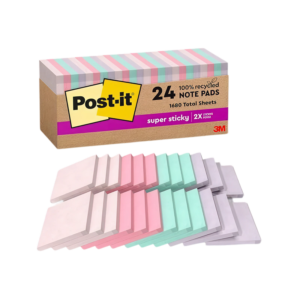 Post-it Recycled Super Sticky Notes, 3 x 3, Wanderlust Pastels Collection, 70 Sheet/Pad, 24 Pads/Pack