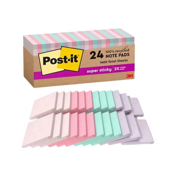 Post-it Recycled Super Sticky Notes, 3 x 3, Wanderlust Pastels Collection, 70 Sheet/Pad, 24 Pads/Pack
