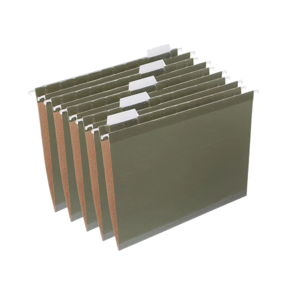 Staples 100% Recycled Reinforced Hanging File Folder, 1/5-Cut Tab, Letter Size, Standard Green, 25/Box