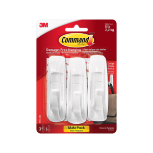 Command Large Utility Hooks, White, Damage Free Hanging of Dorm Room Decorations, 3 Command Hooks, 6 Command Strips