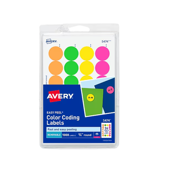 Avery Easy Peel Laser Color-Coding Labels, 3/4 Dia, Assorted Neon, 1,008 Labels/Pack