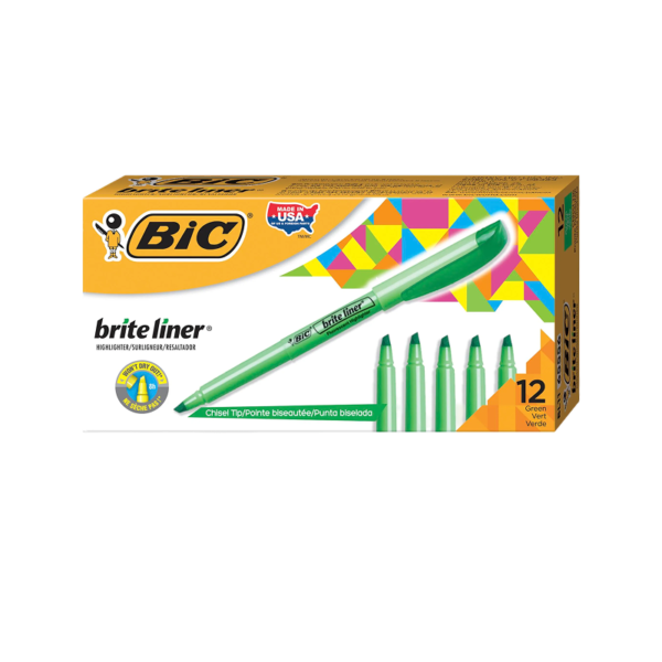 BIC Brite Liner Stick Highlighter, Chisel Tip, Green, 12/Pack