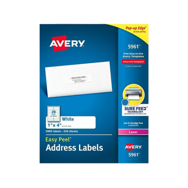 Avery Easy Peel Laser Address Labels, 1 x 4, White, 5,000 Labels/Box
