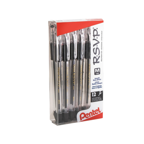 Pentel R.S.V.P. Ballpoint Pens, Medium Point, Black Ink, 12/Pack
