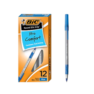 BIC Round Stic Grip Xtra Comfort Ballpoint Pens, Fine Point, Blue Ink, Dozen