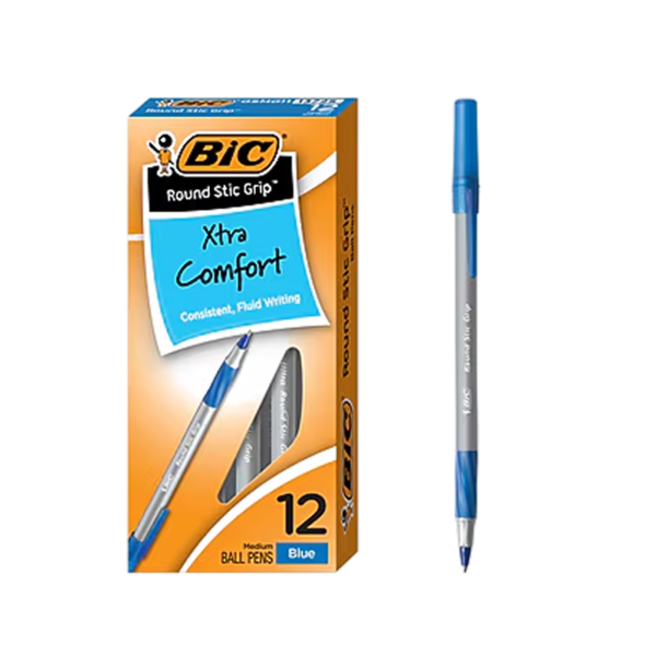 BIC Round Stic Grip Xtra Comfort Ballpoint Pens, Fine Point, Blue Ink, Dozen