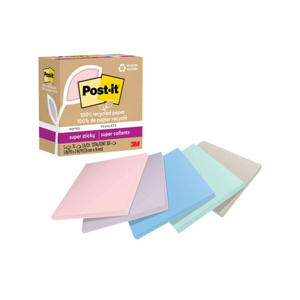 Post-it Recycled Super Sticky Notes, 3 x 3, Wanderlust Pastels Collection, 70 Sheets/Pad, 5 Pads/Pack