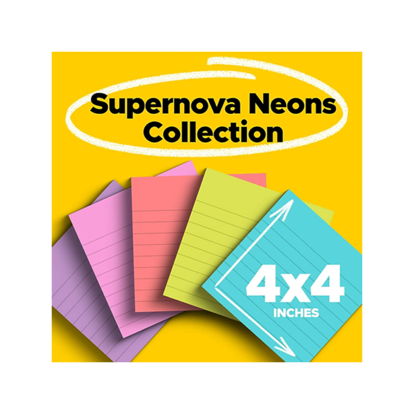 Post-it Super Sticky Notes, 4 x 4, Supernova Neons Collection, Lined, 90 Sheet/Pad, 6 Pads/Pack