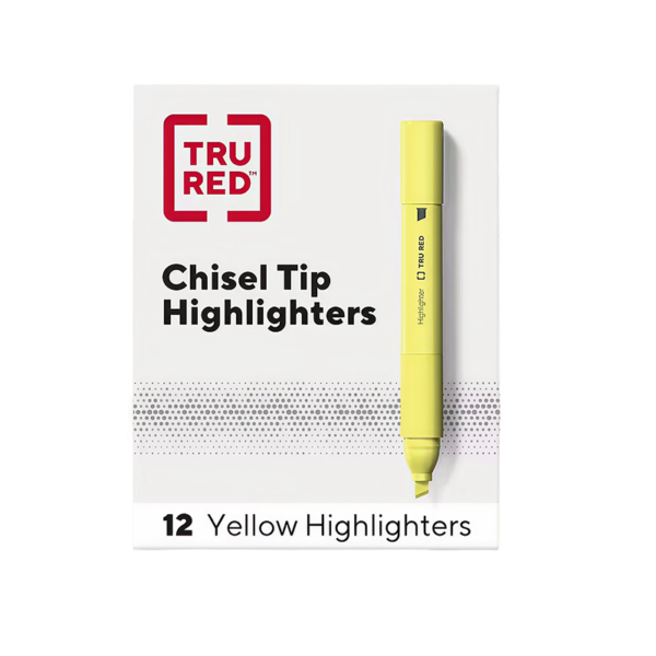 TRU RED Pocket Stick Highlighter with Grip, Chisel Tip, Yellow, Dozen