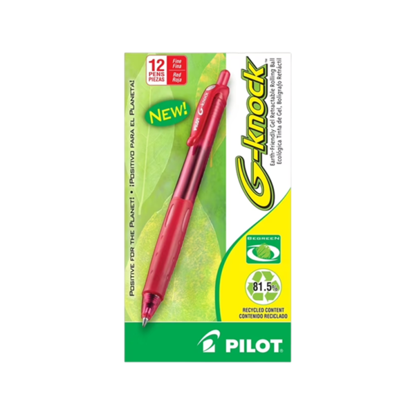 Pilot G-Knock BeGreen Retractable Gel Pens, Fine Point, Red Ink, Dozen