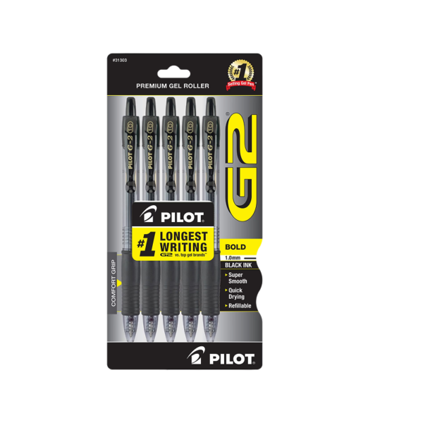 Pilot G2 Retractable Gel Pens, Bold Point, 1.0mm, Black Ink, 5/Pack