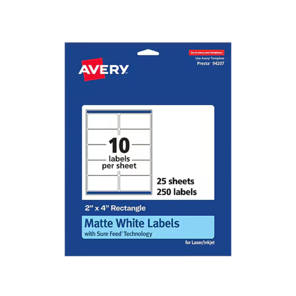 Avery Repositionable Inkjet Shipping Labels, 2 x 4, White, 250 Labels/Pack