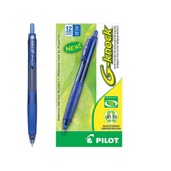 Pilot G-Knock BeGreen Retractable Gel Pens, Fine Point, Blue Ink, Dozen