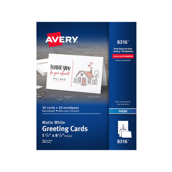 Avery Half-Fold Greeting Cards with Envelopes, 5.5 x 8.5, Matte White, 30/Pack