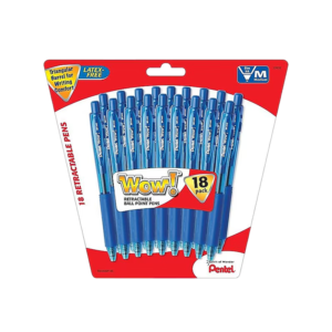 Pentel WOW Retractable Ballpoint Pens, Medium Point, Blue Ink, 18 Pack