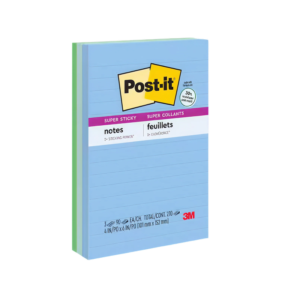 Post-it Recycled Super Sticky Notes, 4 x 6, Oasis Collection, Lined, 90 Sheet/Pad, 3 Pads/Pack